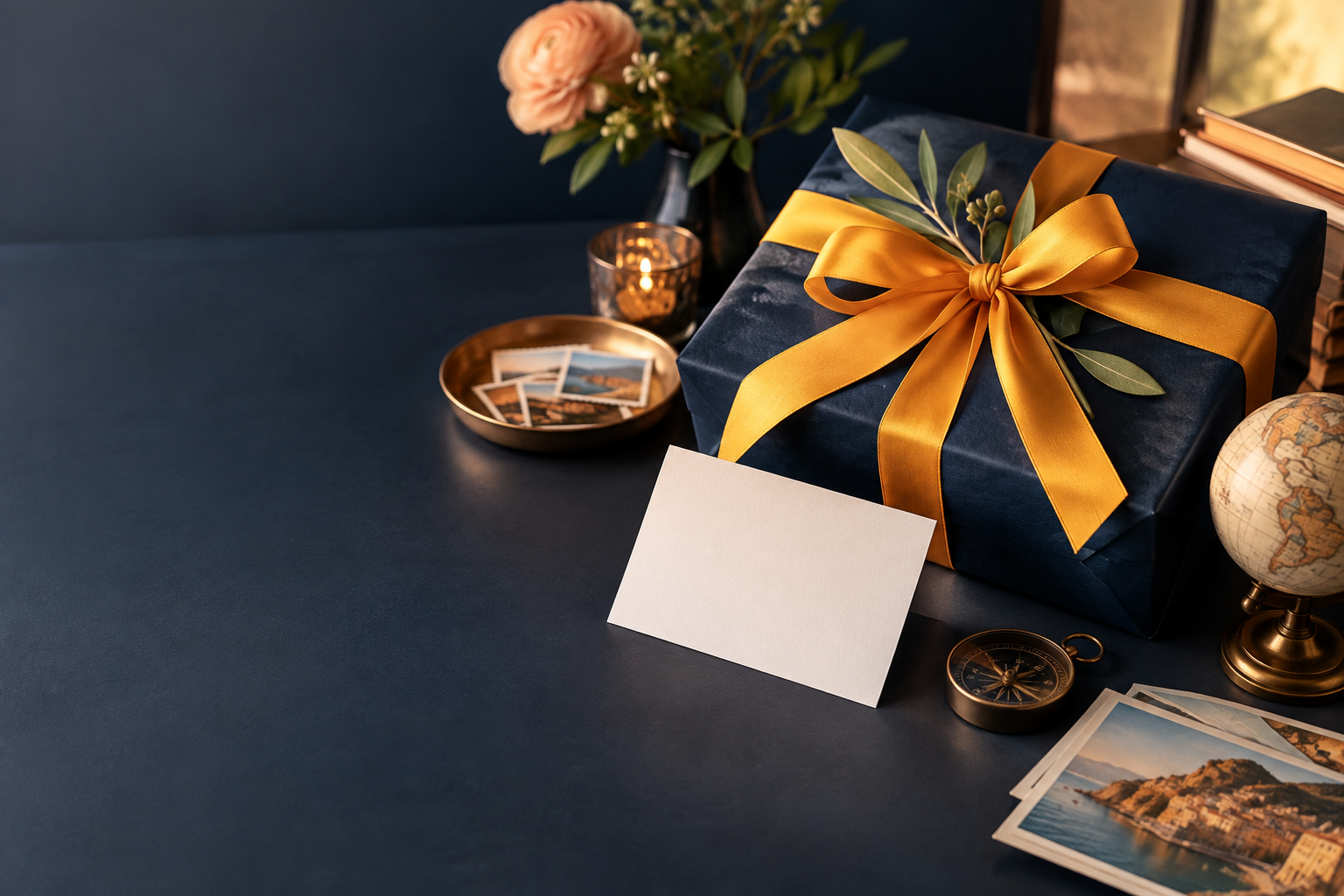 A thoughtfully wrapped gift with travel keepsakes